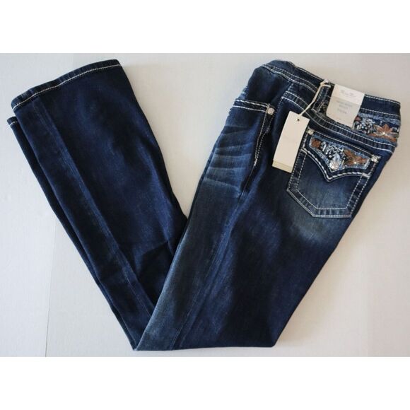 Miss Me M3953B Women's Sz 33 Dk Blue Floral Paradise Mid-Rise Bootcut Jeans - Picture 12 of 13